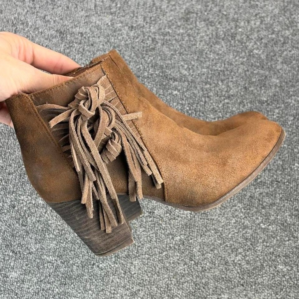 Women's Brown Suede Leather Fringe Tassel Heel Side Zip Booties Boots Size 6.5 M